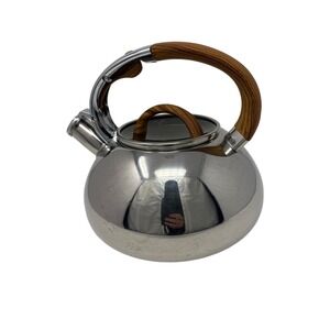 Brandani Stainless Steel Whistling Tea Kettle Wood Grain Handle Induction Silver